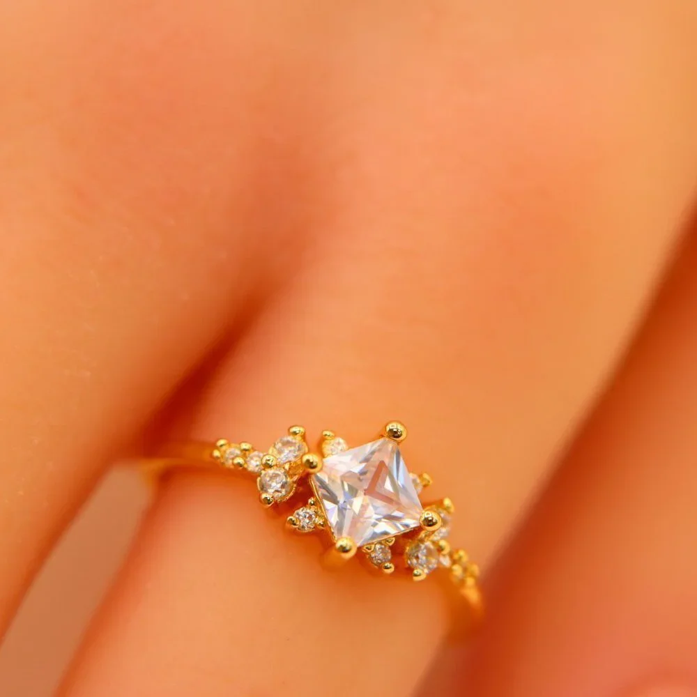 Noble Square Flower Gold Plated Princess Ring for Women, EVGCM074-6